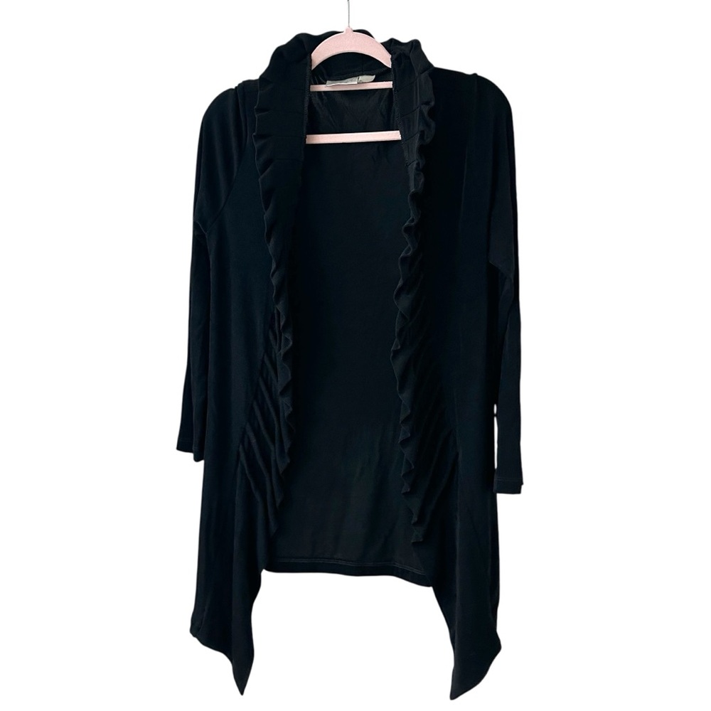 Chico's Black Cardigan Sweater with Ruffle Waterfall Front, Size M